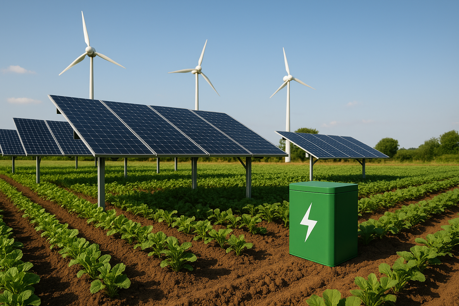 Low-height solar canopies above crops with small wind turbines and batteries on the farm