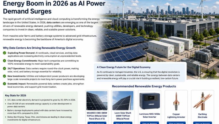 Modern AI data center powered by solar panels, battery storage systems, and renewable energy infrastructure in the United States.