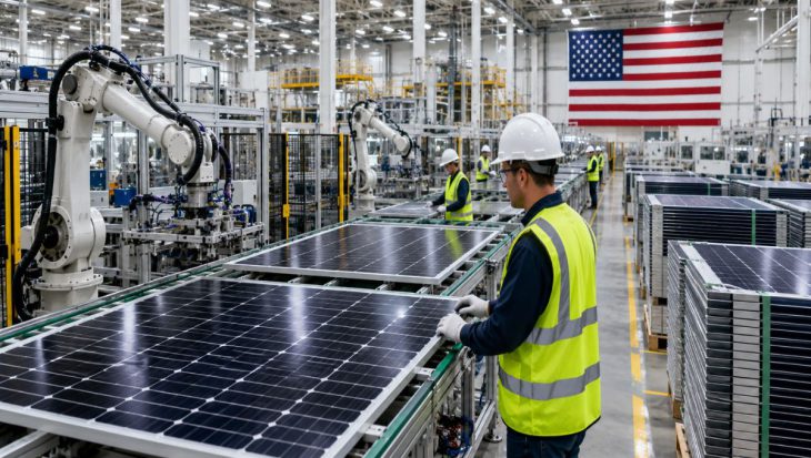 Modern American solar panel manufacturing facility with advanced production lines, solar modules, and clean energy technology in 2026.