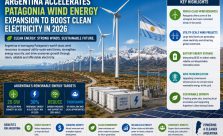 Large wind farm in Patagonia with modern wind turbines, battery energy storage systems, transmission infrastructure, and the Andes mountains in the background, representing Argentina's renewable energy expansion.