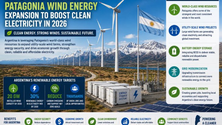 Large wind farm in Patagonia with modern wind turbines, battery energy storage systems, transmission infrastructure, and the Andes mountains in the background, representing Argentina's renewable energy expansion.