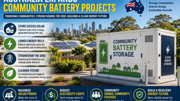 Australia is expanding community battery projects to store excess rooftop solar energy, improve grid stability, lower electricity costs, and accelerate the transition to renewable energy.