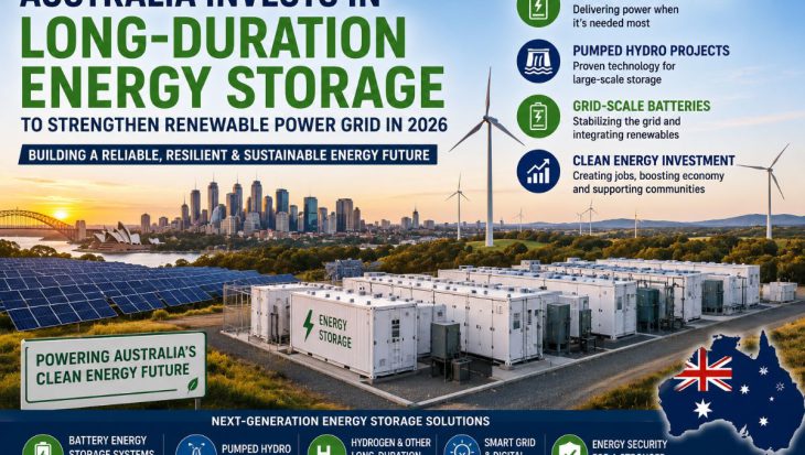 Australia is accelerating long-duration energy storage projects through grid-scale batteries, pumped hydro, and advanced renewable technologies to strengthen electricity reliability and support the clean energy transition in 2026.