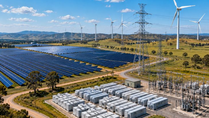Renewable Energy Zone in Australia featuring solar farms, wind turbines, transmission infrastructure, battery storage facilities, and clean energy development projects.
