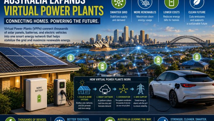 Australia is expanding Virtual Power Plants (VPPs) that connect rooftop solar panels, home batteries, and electric vehicles into intelligent energy networks, improving grid stability and renewable energy integration.