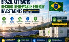 Large solar farms, wind turbines, battery energy storage systems, transmission lines, and renewable energy infrastructure representing Brazil's growing clean energy investment.