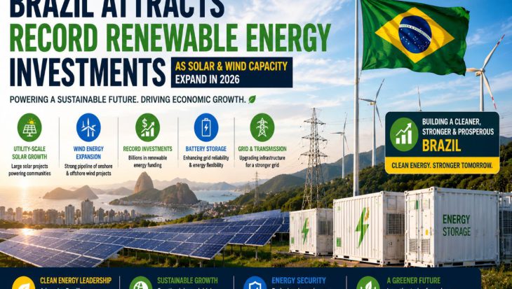 Large solar farms, wind turbines, battery energy storage systems, transmission lines, and renewable energy infrastructure representing Brazil's growing clean energy investment.