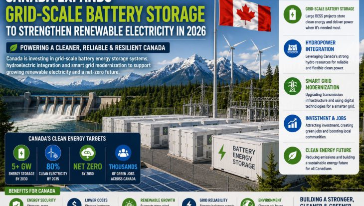 Grid-scale battery energy storage facility connected to hydroelectric power, wind turbines, and solar panels with Canadian mountains in the background, representing Canada's renewable electricity expansion.