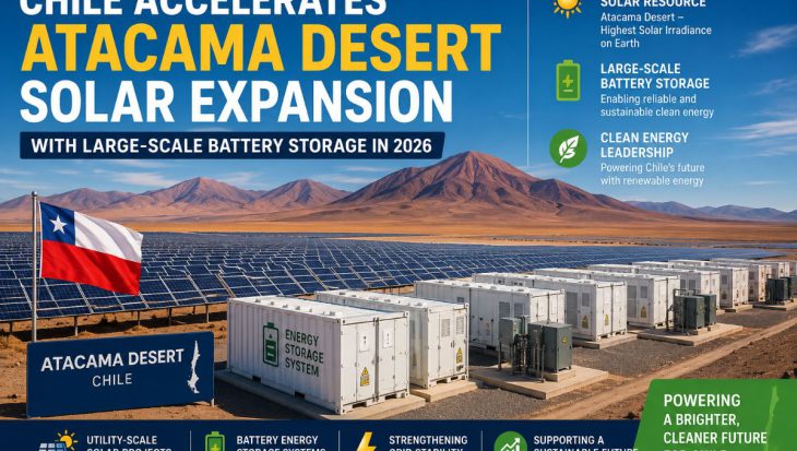 Chile is expanding utility-scale solar farms and battery energy storage systems across the Atacama Desert in 2026, strengthening renewable electricity generation and South America's clean energy leadership.