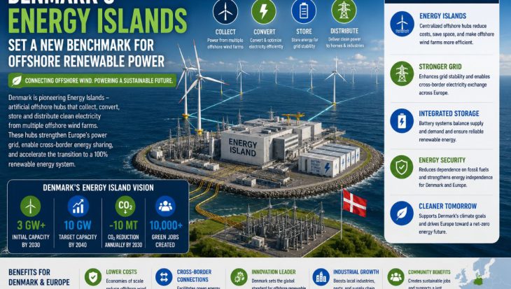 Artificial offshore Energy Island connected to multiple offshore wind farms with battery storage, HVDC transmission infrastructure, and renewable electricity distribution across the North Sea.