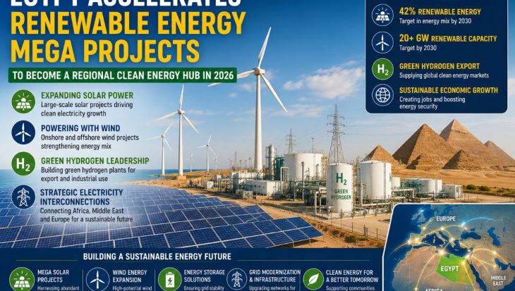 Large solar power plant, wind turbines, and green hydrogen production facility in Egypt with the pyramids in the background, representing the country's renewable energy expansion and regional clean energy leadership.