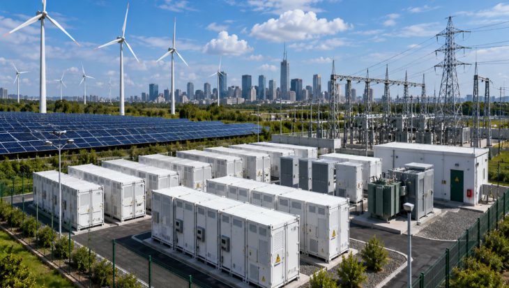 Large battery energy storage facility integrated with renewable energy infrastructure and smart grid technology in Europe.