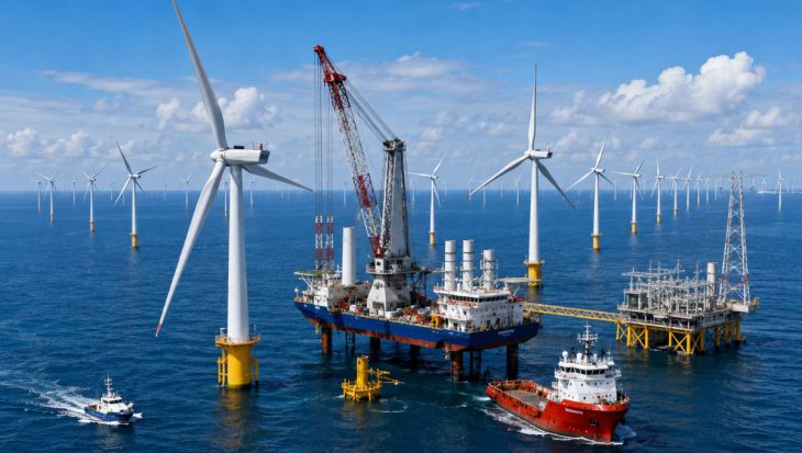 Large offshore wind farm in European waters generating renewable electricity with modern wind turbines and clean energy infrastructure.