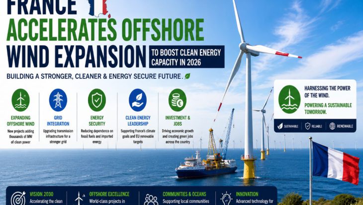 Large offshore wind turbines installed off the French coast with installation vessels, transmission infrastructure, and the French flag representing renewable energy expansion in France.
