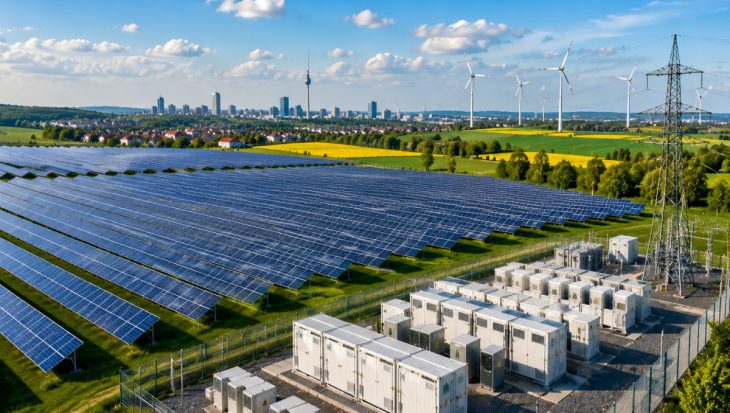 Large utility-scale solar power plant in Germany generating renewable electricity with advanced photovoltaic technology and battery storage systems.