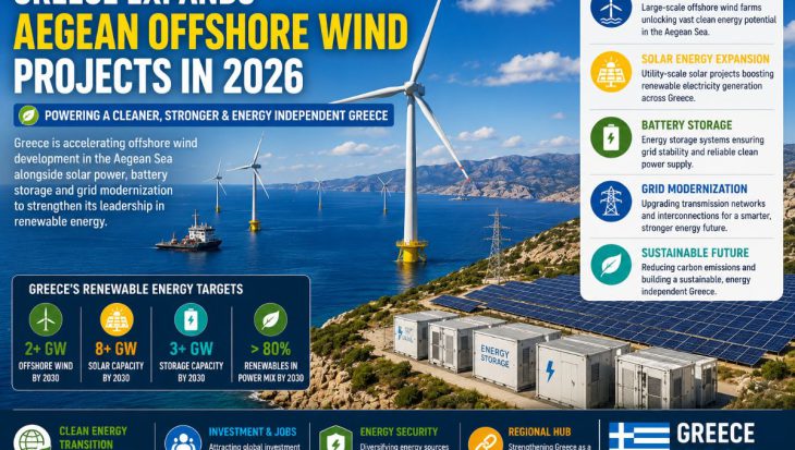 Floating offshore wind turbines in the Aegean Sea with nearby solar panels, battery energy storage systems, and Greece's coastal landscape, representing renewable energy expansion and clean electricity generation.