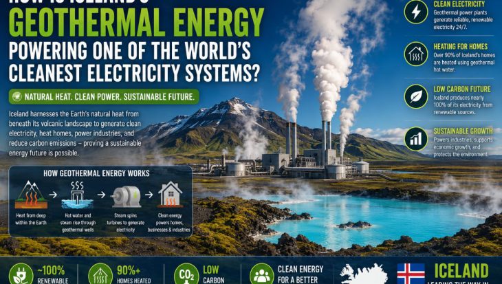 A geothermal power plant in Iceland with steam rising from geothermal wells against a volcanic mountain landscape, illustrating clean electricity generation and renewable heating.