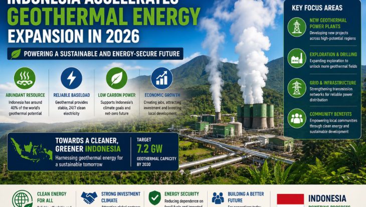 Modern geothermal power plant with steam rising from production wells against Indonesia's volcanic landscape, representing geothermal renewable energy development and clean electricity generation.