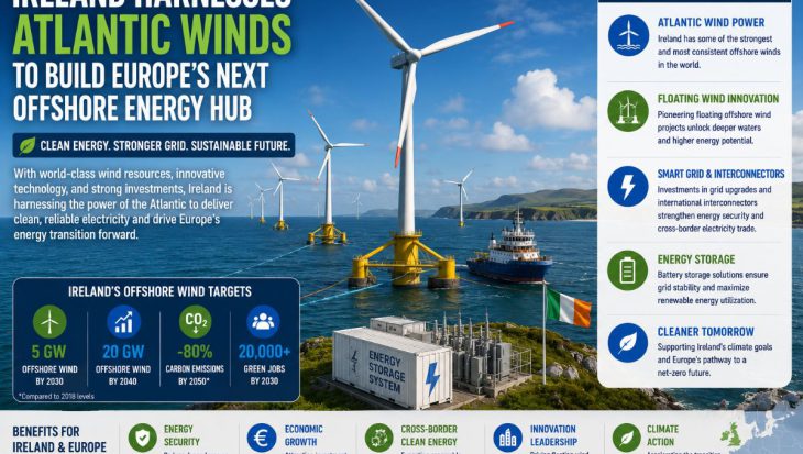 Floating offshore wind turbines in the Atlantic Ocean off Ireland's coast with battery energy storage systems, smart grid infrastructure, and rugged green cliffs representing Ireland's renewable energy future.