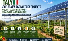 Agrivoltaic solar panels installed above crops in rural Italy, demonstrating dual-use farming, renewable energy generation, and sustainable agriculture.