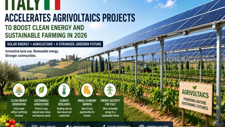Agrivoltaic solar panels installed above crops in rural Italy, demonstrating dual-use farming, renewable energy generation, and sustainable agriculture.