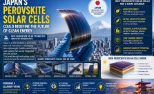 Flexible perovskite solar cell held in front of Tokyo's skyline and Mount Fuji, illustrating Japan's next-generation solar technology and renewable energy innovation.