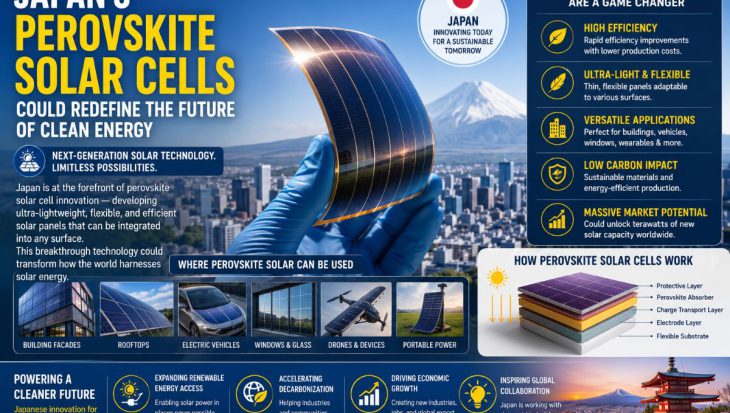 Flexible perovskite solar cell held in front of Tokyo's skyline and Mount Fuji, illustrating Japan's next-generation solar technology and renewable energy innovation.