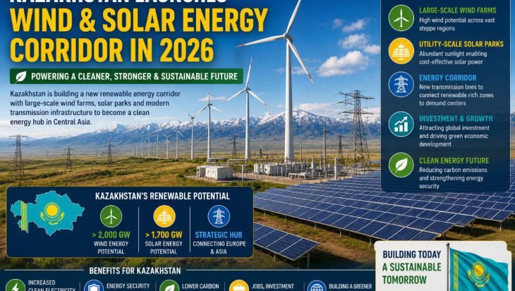 Large wind farm and utility-scale solar park connected by modern transmission infrastructure across Kazakhstan's open steppe, representing renewable energy expansion and grid modernization.