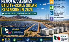 Large utility-scale solar farm with battery energy storage systems and power transmission infrastructure in Mexico, representing renewable energy expansion and clean electricity generation.