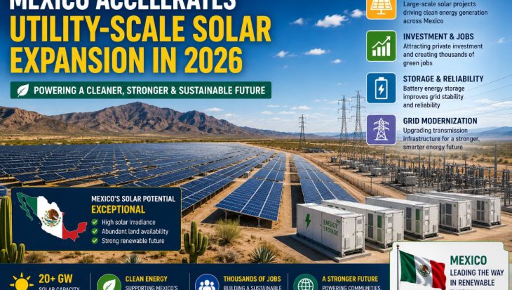 Large utility-scale solar farm with battery energy storage systems and power transmission infrastructure in Mexico, representing renewable energy expansion and clean electricity generation.