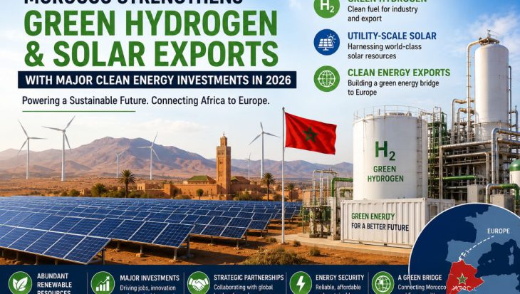 Morocco is accelerating green hydrogen production, utility-scale solar projects, and renewable energy exports in 2026, strengthening its position as Africa's leading clean energy hub.
