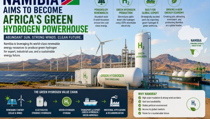 Namibia is emerging as a global green hydrogen hub by combining abundant solar and wind resources to produce clean hydrogen for export, industrial decarbonization, and sustainable economic growth.