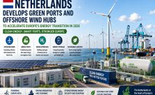 Offshore wind turbines near a modern Dutch green port featuring hydrogen storage, battery energy storage systems, container terminals, and renewable energy infrastructure in the Netherlands.