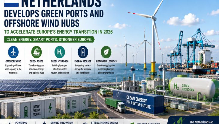 Offshore wind turbines near a modern Dutch green port featuring hydrogen storage, battery energy storage systems, container terminals, and renewable energy infrastructure in the Netherlands.