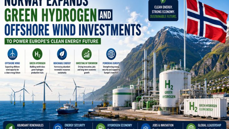 Offshore wind turbines in the Norwegian Sea with a green hydrogen production facility, hydrogen storage tanks, fjords, mountains, and renewable energy infrastructure representing Norway's clean energy expansion.