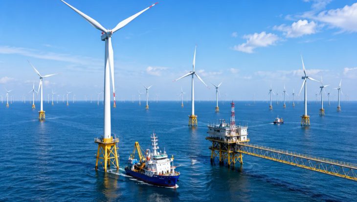 Large offshore wind farm generating renewable electricity with modern wind turbines and clean energy infrastructure in 2026.