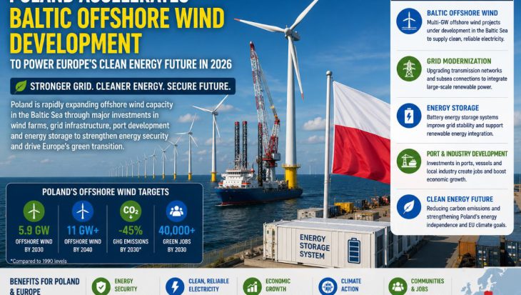 Offshore wind turbines in the Baltic Sea with battery energy storage systems, transmission infrastructure, and Poland's coastline, representing renewable electricity generation and Europe's clean energy transition.