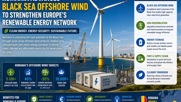 Modern offshore wind turbines in the Black Sea with battery energy storage systems, transmission infrastructure, and Romania's coastline, symbolizing the country's renewable energy expansion.