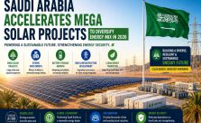 A vast utility-scale solar park in the Saudi Arabian desert with battery energy storage systems, high-voltage transmission infrastructure, and modern renewable energy facilities under clear skies.