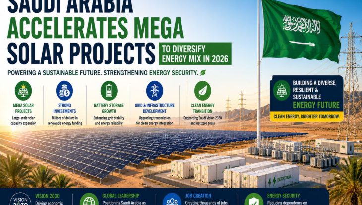 A vast utility-scale solar park in the Saudi Arabian desert with battery energy storage systems, high-voltage transmission infrastructure, and modern renewable energy facilities under clear skies.