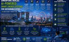 Singapore skyline featuring AI-powered smart grids, IoT sensors, battery energy storage systems, and renewable energy infrastructure representing the future of intelligent sustainable cities.