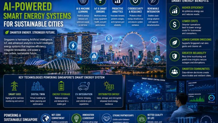 Singapore skyline featuring AI-powered smart grids, IoT sensors, battery energy storage systems, and renewable energy infrastructure representing the future of intelligent sustainable cities.