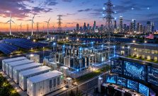 Modern smart electrical grid infrastructure in the United States featuring digital substations, renewable energy integration, battery storage systems, and advanced power transmission networks.
