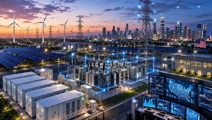 Modern smart electrical grid infrastructure in the United States featuring digital substations, renewable energy integration, battery storage systems, and advanced power transmission networks.
