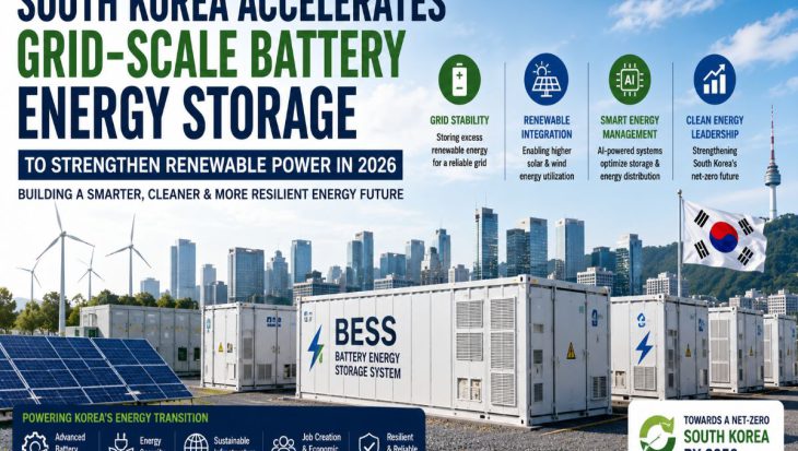 Grid-scale Battery Energy Storage System (BESS) containers with solar panels, wind turbines, a smart city skyline, and renewable energy infrastructure in South Korea.