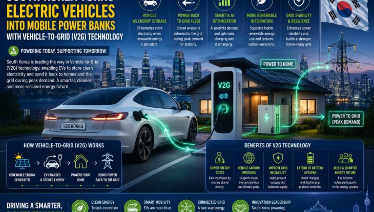 Electric vehicle connected to a bidirectional V2G charger supplying electricity to a smart home and power grid, with the Seoul skyline representing South Korea's smart mobility and renewable energy innovation.