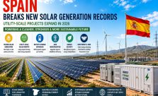 Large utility-scale solar farm in Spain with battery energy storage systems, wind turbines, transmission lines, and modern renewable energy infrastructure under a clear blue sky.