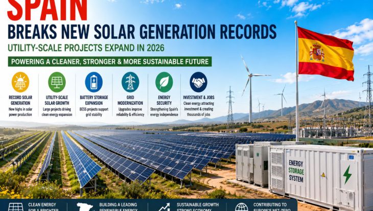 Large utility-scale solar farm in Spain with battery energy storage systems, wind turbines, transmission lines, and modern renewable energy infrastructure under a clear blue sky.