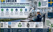 Modern renewable-powered battery manufacturing facility in Sweden with robotic production lines, battery cells, wind turbines, solar panels, and sustainable industrial infrastructure.
