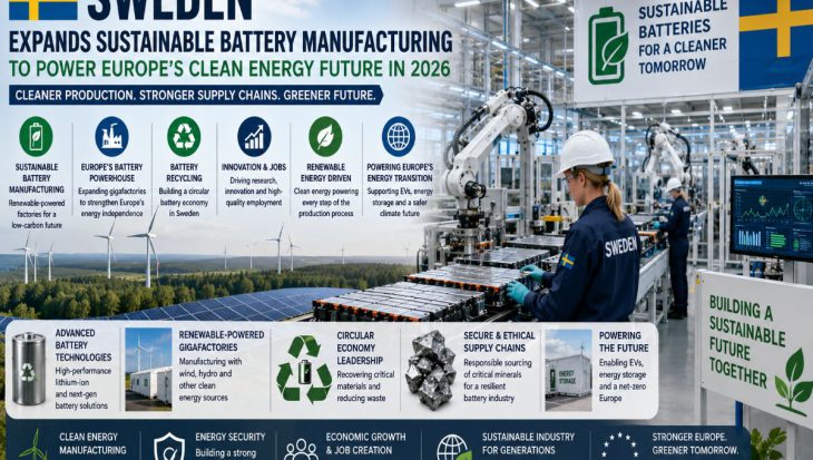 Modern renewable-powered battery manufacturing facility in Sweden with robotic production lines, battery cells, wind turbines, solar panels, and sustainable industrial infrastructure.